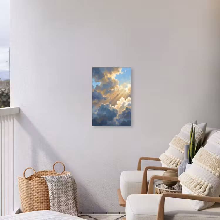 Wolken - Zonnestralen - Natuur - Abstract - Blauw Tuinposter op houten frame 2 cm dik klein -sfeer1
