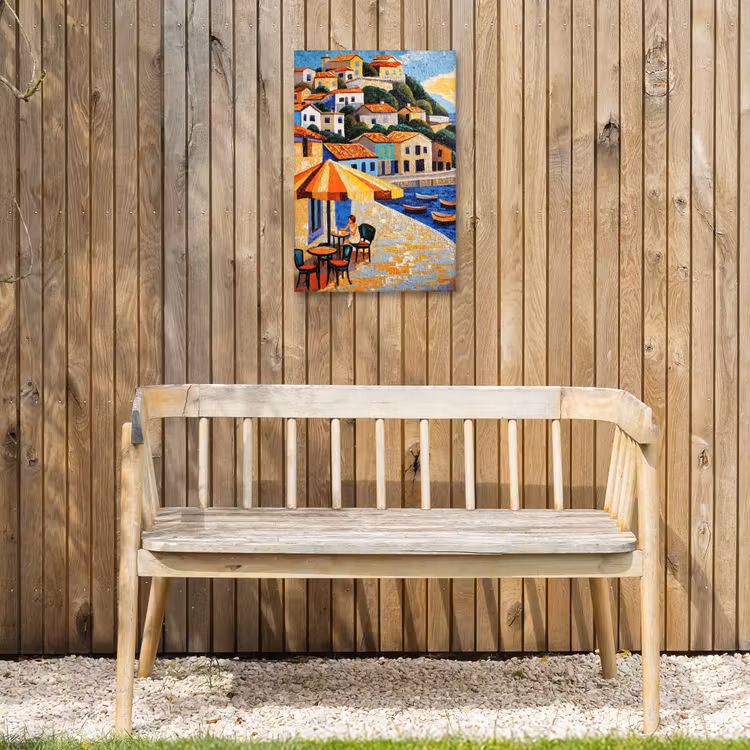 Kustdorp - Huisjes - Mozaïek - Zee Tuinposter op houten frame 2 cm dik klein -sfeer4