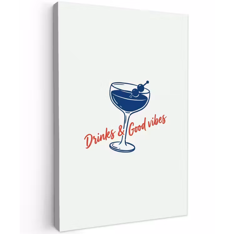 Cocktail - Glas - Illustratie - Blauw - Wit Tuinposter op houten frame 2 cm dik klein -3d