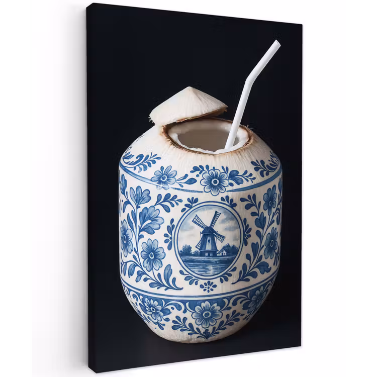 Kokosnoot - Eten - Delfts blauw - Drinken Tuinposter op houten frame 2 cm dik klein -3d