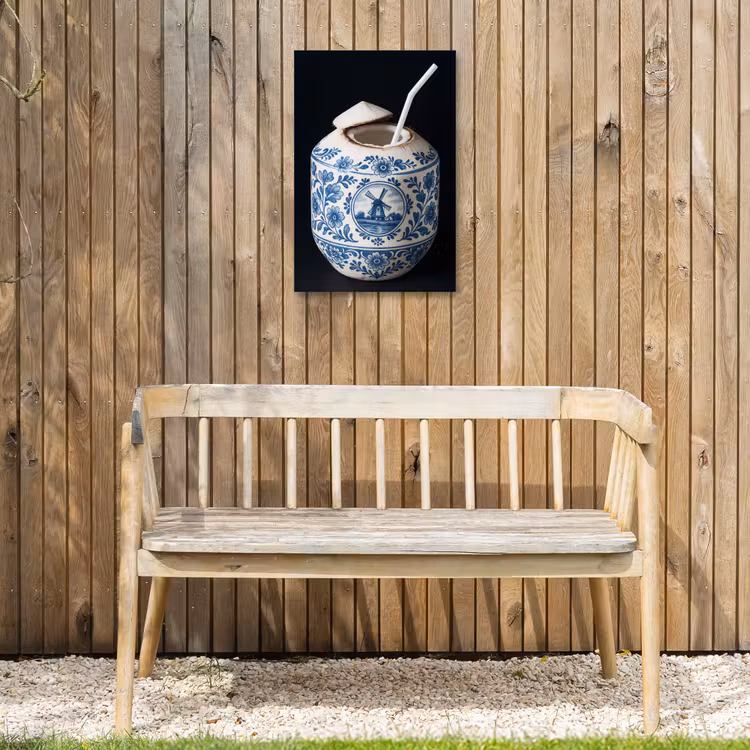Kokosnoot - Eten - Delfts blauw - Drinken Tuinposter op houten frame 2 cm dik klein -sfeer4