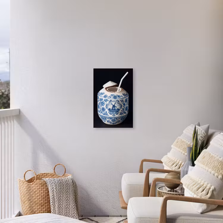 Kokosnoot - Eten - Delfts blauw - Drinken Tuinposter op houten frame 2 cm dik klein -sfeer1