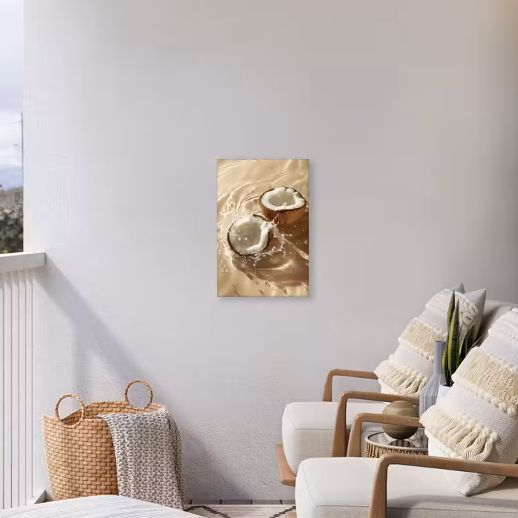 Kokosnoot - Water - Beige - Spetters Tuinposter op houten frame 2 cm dik klein -sfeer1