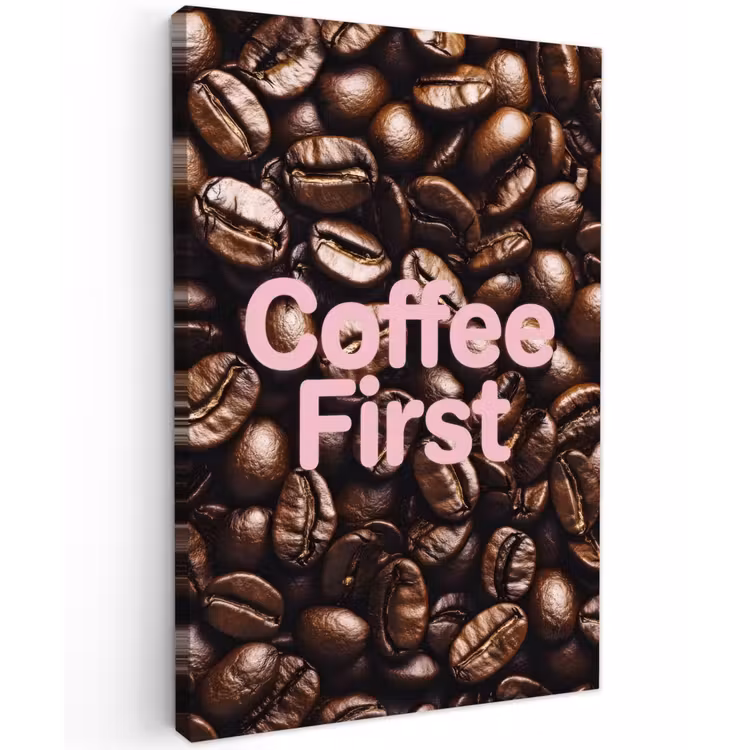 Coffee First - Koffiebonen - Roze Tuinposter op houten frame 2 cm dik klein -3d