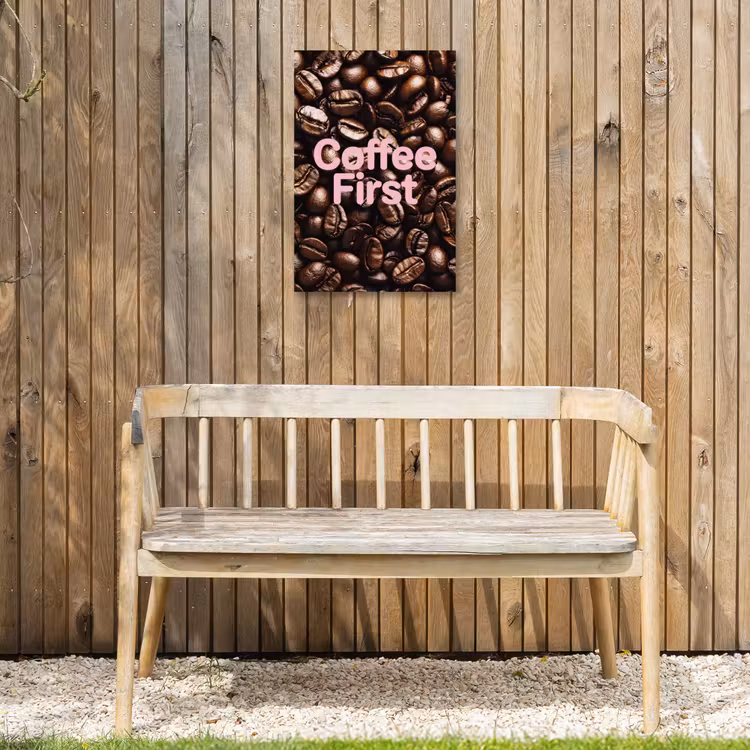 Coffee First - Koffiebonen - Roze Tuinposter op houten frame 2 cm dik klein -sfeer4