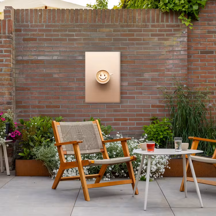 Koffie - Melkschuim - Lach - Beige Tuinposter op houten frame 2 cm dik klein -sfeer3