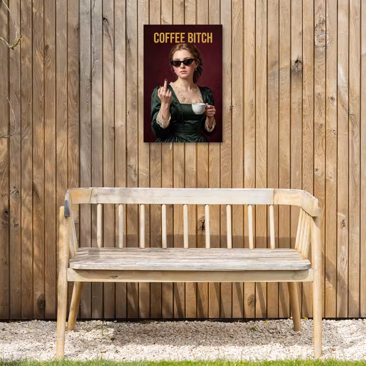 Koffie - Vrouw - Middelvinger Tuinposter op houten frame 2 cm dik klein -sfeer4