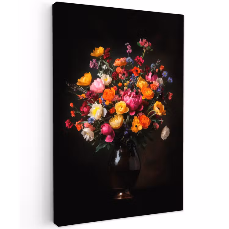 Kleurrijk - Boeket - Vaas - Donkerbruin Tuinposter op houten frame 2 cm dik klein -3d