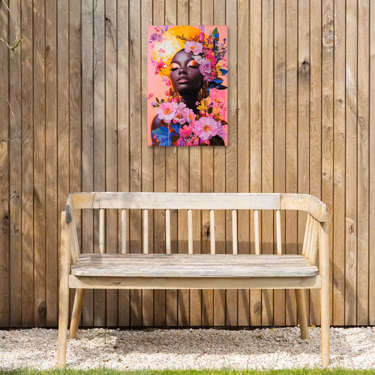 Kleurrijk - Bloemen - Vrouw - Zon Tuinposter op houten frame 2 cm dik klein -sfeer4