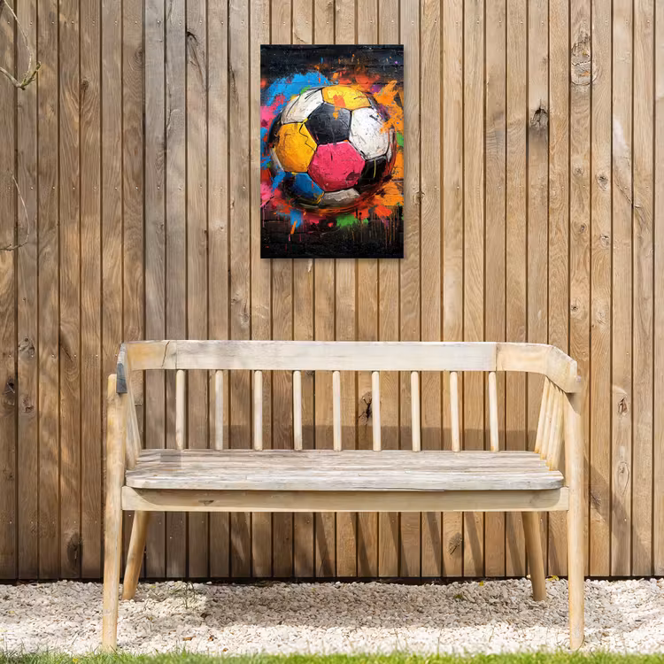 Kleurrijke Voetbal Tuinposter op houten frame 2 cm dik klein -sfeer4