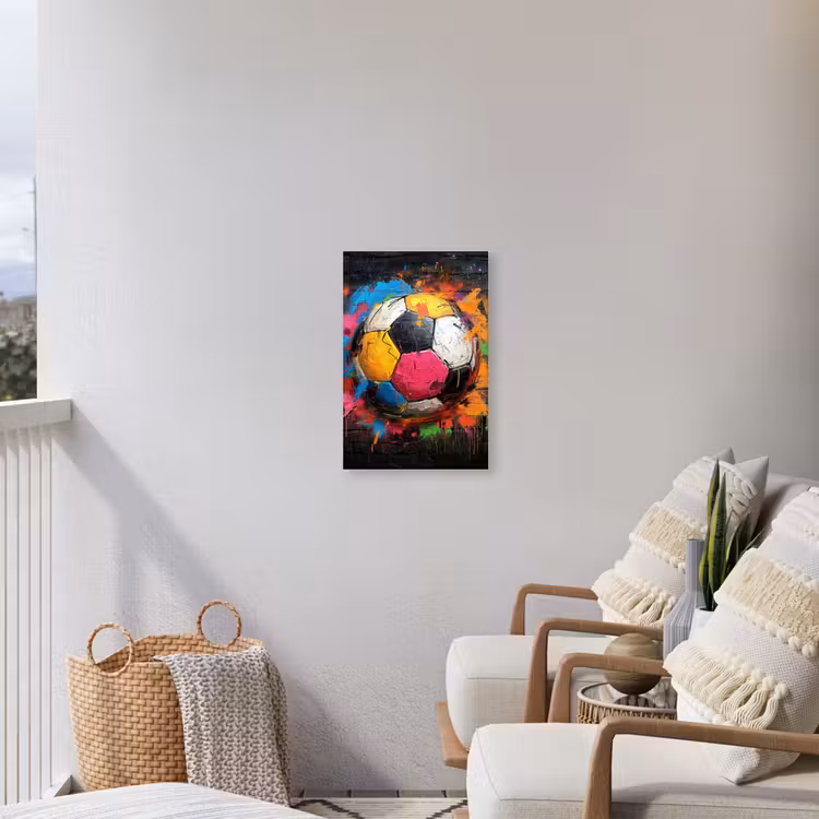 Kleurrijke Voetbal Tuinposter op houten frame 2 cm dik klein -sfeer1