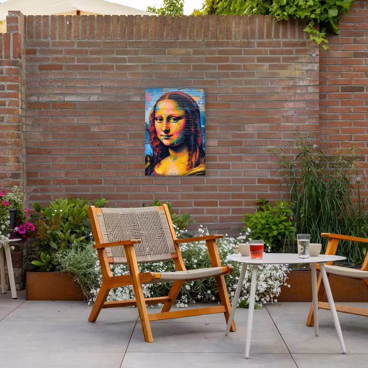 Kleurrijke Mona Lisa Tuinposter op houten frame 2 cm dik klein -sfeer3