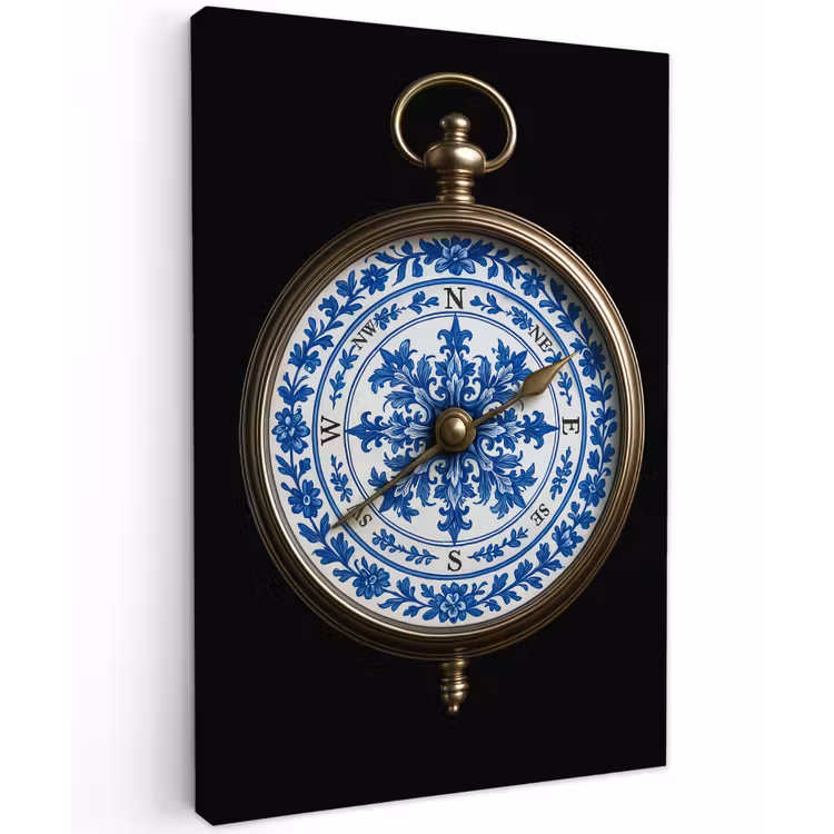 Kompas - Delfts blauw - Zwart Tuinposter op houten frame 2 cm dik klein -3d