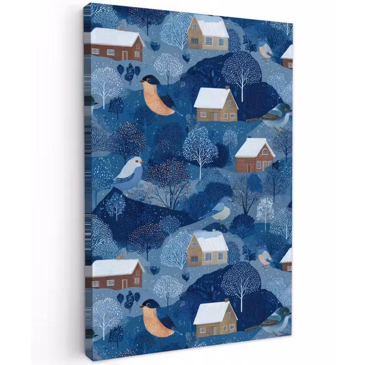 Huisjes - Vogels - Sneeuw - Winter - Blauw Tuinposter op houten frame 2 cm dik klein 841 -3d