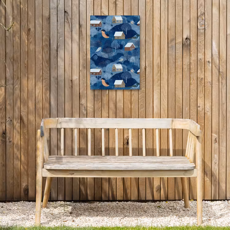 Huisjes - Vogels - Sneeuw - Winter - Blauw Tuinposter op houten frame 2 cm dik klein 841 -sfeer4
