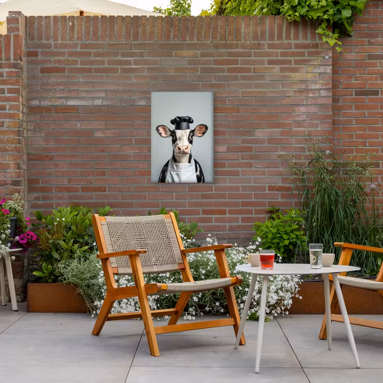 Koe - Zwart - Wit - Kok Tuinposter op houten frame 2 cm dik klein -sfeer3
