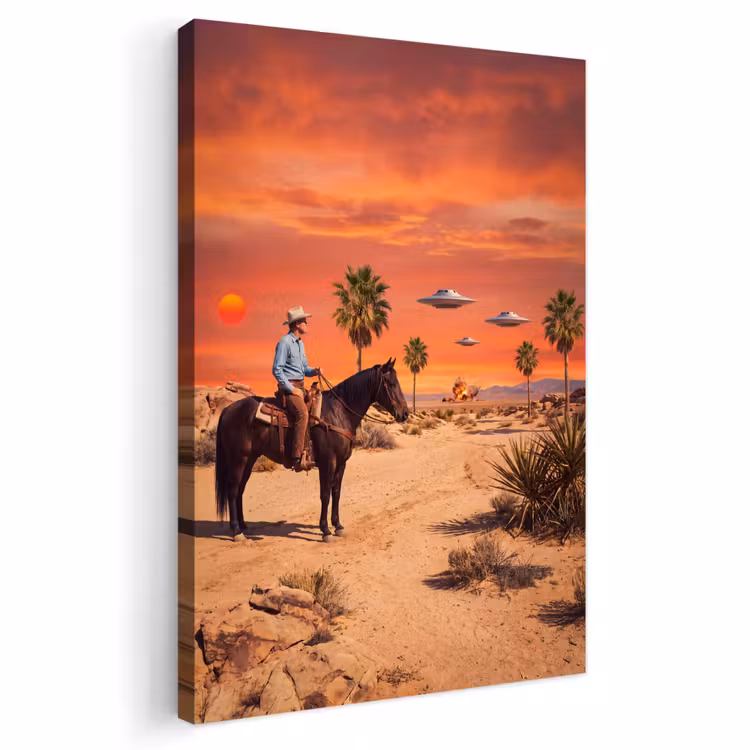 Outdoor Canvas Print - Cowboy - Horse - Desert - Cowboy - Paard - Woestijn Tuinposter op houten frame 2 cm dik klein