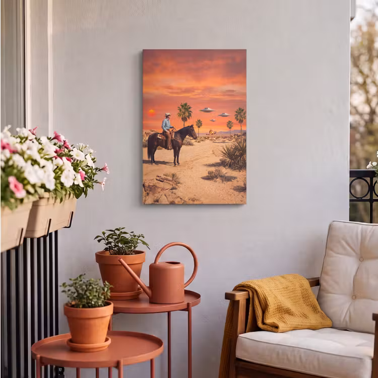 Outdoor Canvas Print - Cowboy - Horse - Desert - Cowboy - Paard - Woestijn Tuinposter op houten frame 2 cm dik klein