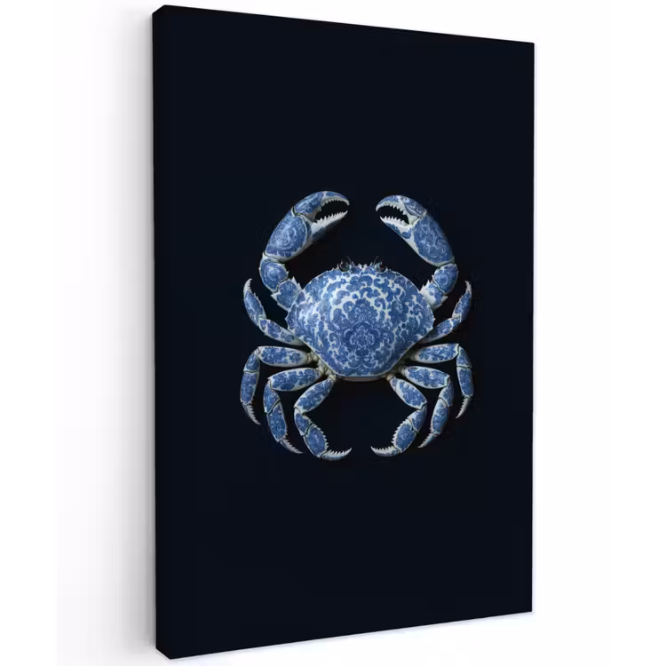 Krab - Delfts blauw - Dieren Tuinposter op houten frame 2 cm dik klein -3d