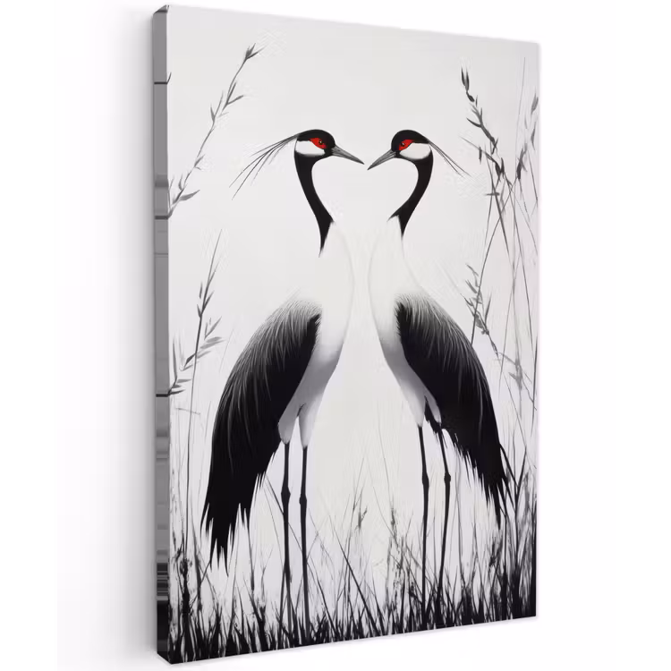 Kraanvogels - Gras - Hartvorm - Zwart Tuinposter op houten frame 2 cm dik klein -3d