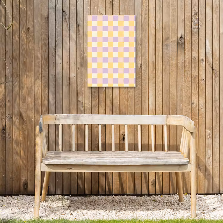 Blokjes - Lila - Geel Tuinposter op houten frame 2 cm dik klein 841 -sfeer4