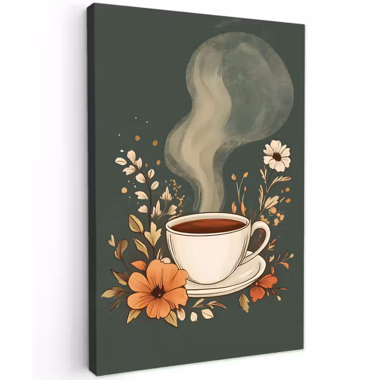 Kop - Bloemen - Groen - Koffie Tuinposter op houten frame 2 cm dik klein -3d