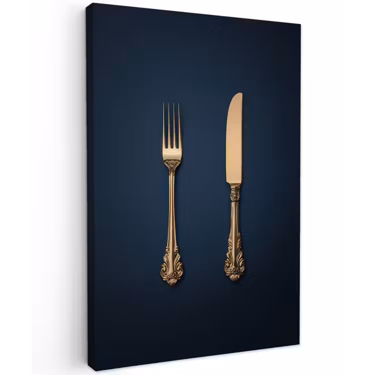 Bestek - Donkerblauw - Goud Tuinposter op houten frame 2 cm dik klein -3d