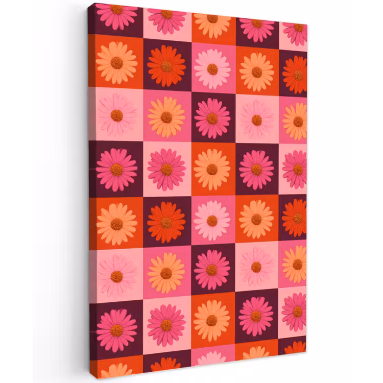 Madeliefjes - Dambord - Retro - Roze - Oranje Tuinposter op houten frame 2 cm dik klein 841 -3d