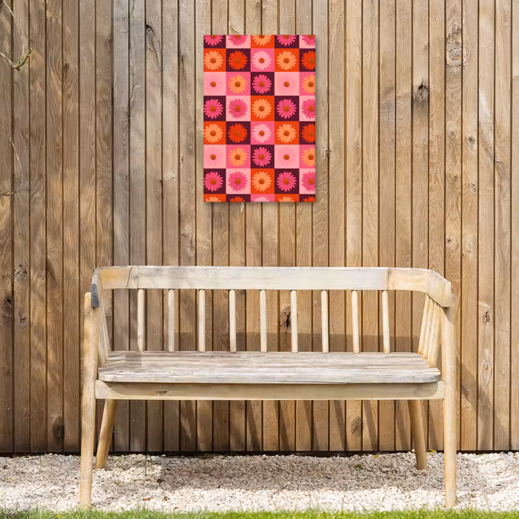Madeliefjes - Dambord - Retro - Roze - Oranje Tuinposter op houten frame 2 cm dik klein 841 -sfeer4
