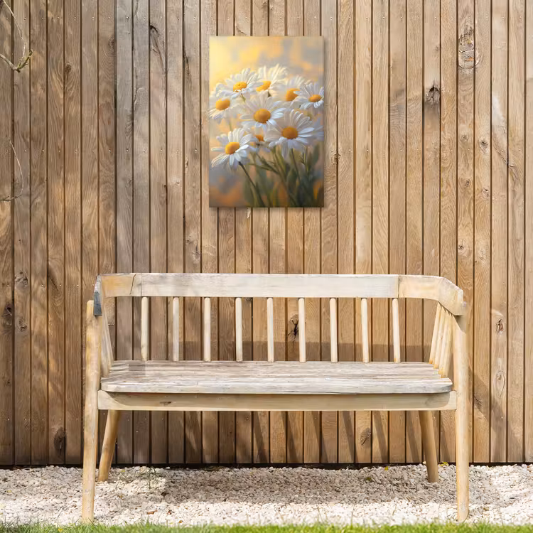 Madeliefjes - Wit - Zonlicht Tuinposter op houten frame 2 cm dik klein -sfeer4