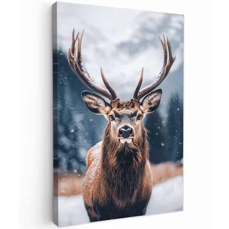 Hert - Dieren - Landschap - Winter - Sneeuw Tuinposter op houten frame 2 cm dik klein -3d