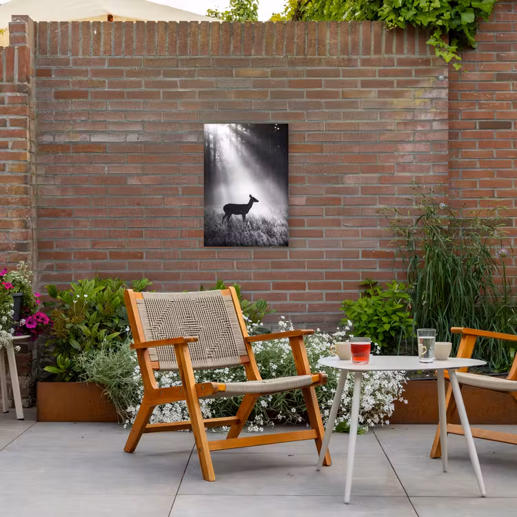 Hert - Bos - Zonnestralen - Zwart-wit - Natuur Tuinposter op houten frame 2 cm dik klein -sfeer3