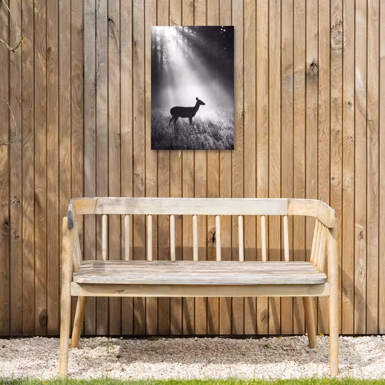 Hert - Bos - Zonnestralen - Zwart-wit - Natuur Tuinposter op houten frame 2 cm dik klein -sfeer4