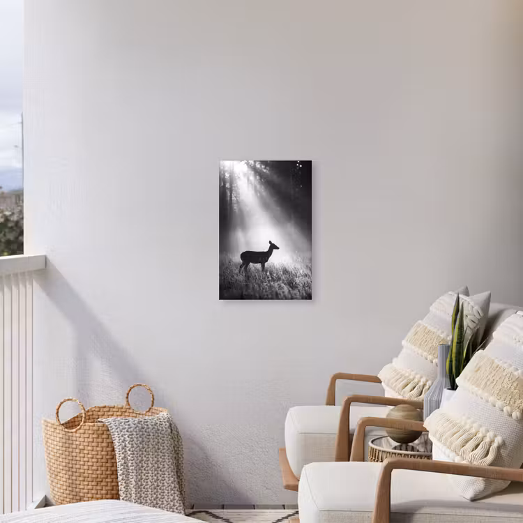 Hert - Bos - Zonnestralen - Zwart-wit - Natuur Tuinposter op houten frame 2 cm dik klein -sfeer1
