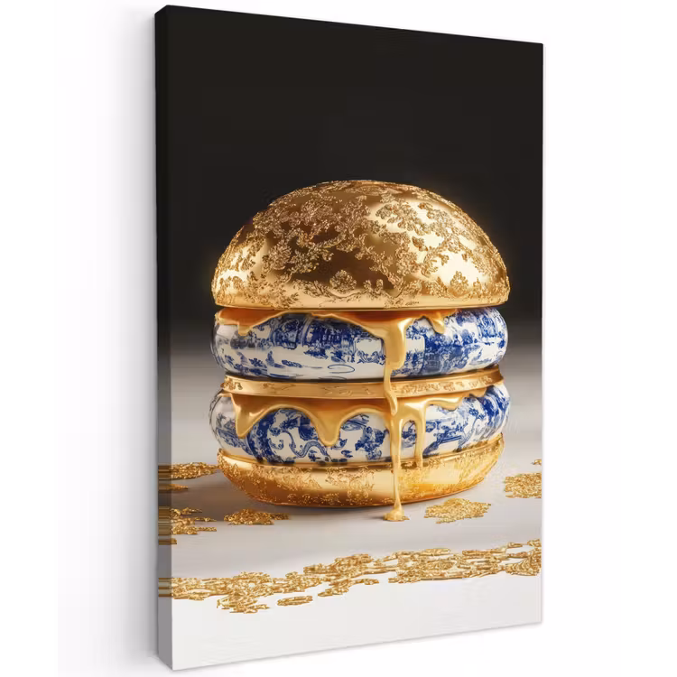 Delftsblauw - Goud - Burger Tuinposter op houten frame 2 cm dik klein -3d