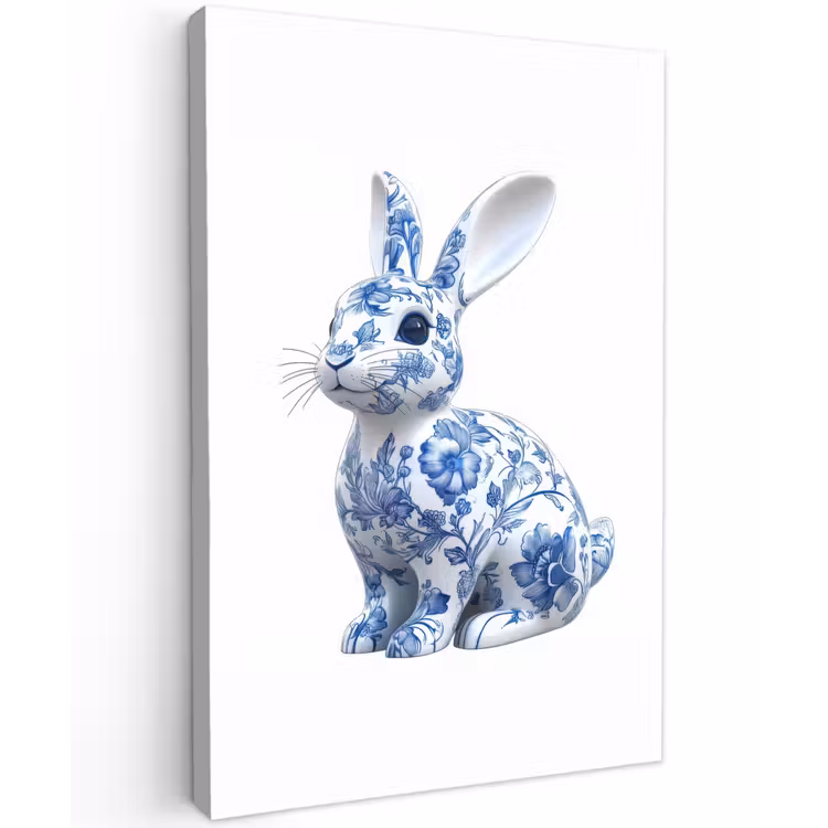 Delftsblauw - Haasje - Wit Tuinposter op houten frame 2 cm dik klein -3d