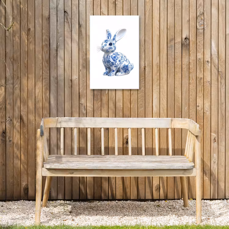 Delftsblauw - Haasje - Wit Tuinposter op houten frame 2 cm dik klein -sfeer4