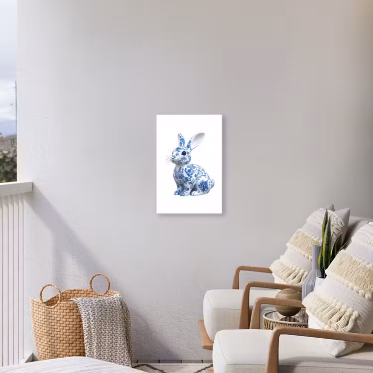 Delftsblauw - Haasje - Wit Tuinposter op houten frame 2 cm dik klein -sfeer1