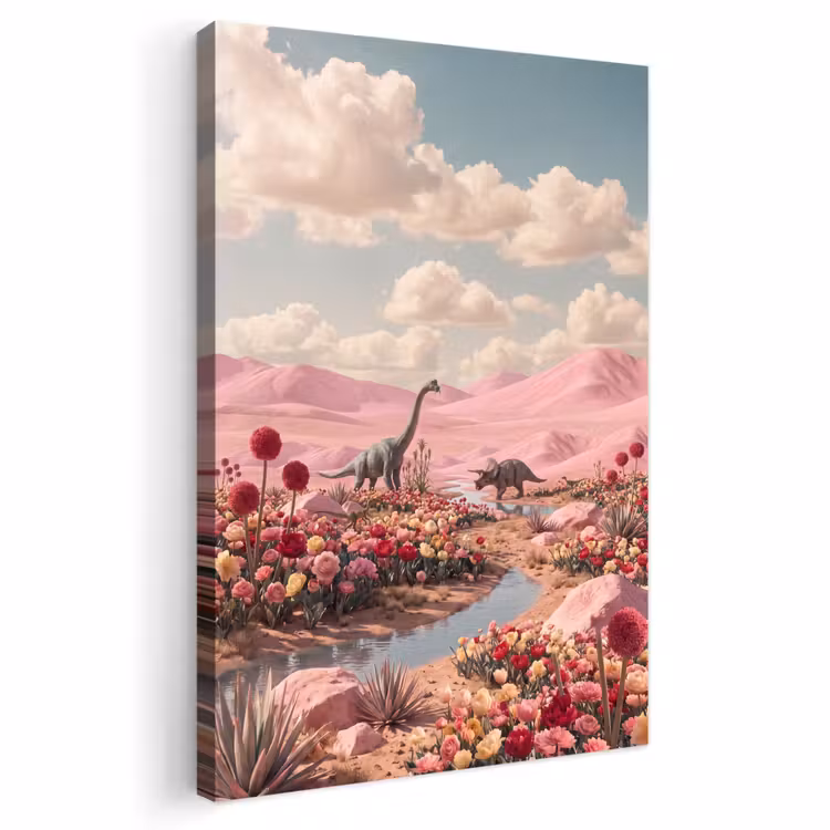 Outdoor Canvas Print - Dinosaur - Pink - Landscape - Dinosaurus - Roze - Landschap Tuinposter op houten frame 2 cm dik klein