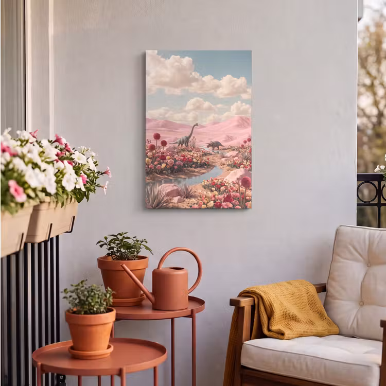 Outdoor Canvas Print - Dinosaur - Pink - Landscape - Dinosaurus - Roze - Landschap Tuinposter op houten frame 2 cm dik klein