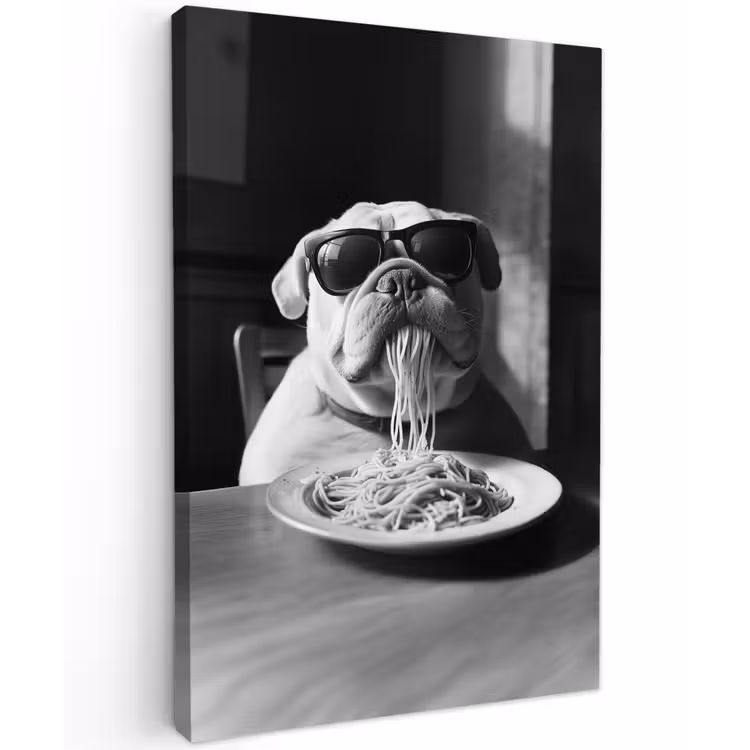 Hond - Bulldog - Pasta - Bril - Stoer - Dieren Tuinposter op houten frame 2 cm dik klein -3d