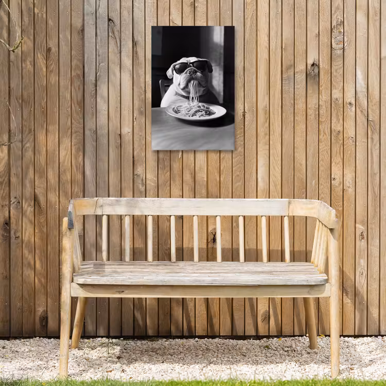 Hond - Bulldog - Pasta - Bril - Stoer - Dieren Tuinposter op houten frame 2 cm dik klein -sfeer4