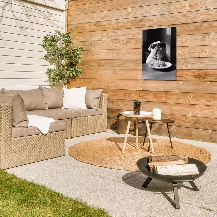 Hond - Bulldog - Pasta - Bril - Stoer - Dieren Tuinposter op houten frame 2 cm dik klein -sfeer2
