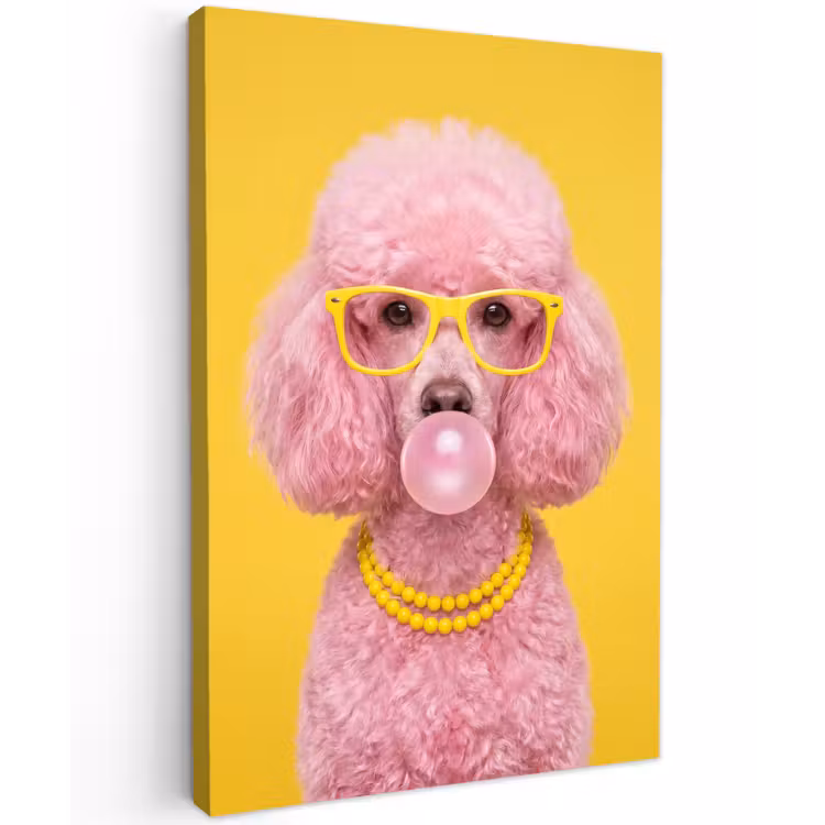 Hond - Kauwgum - Dieren - Modern - Roze Tuinposter op houten frame 2 cm dik klein -3d