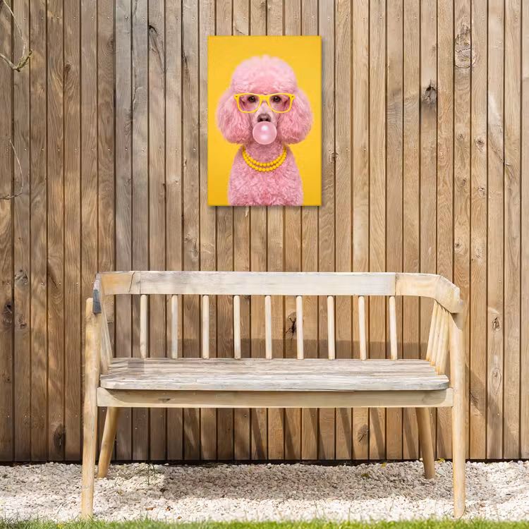 Hond - Kauwgum - Dieren - Modern - Roze Tuinposter op houten frame 2 cm dik klein -sfeer4
