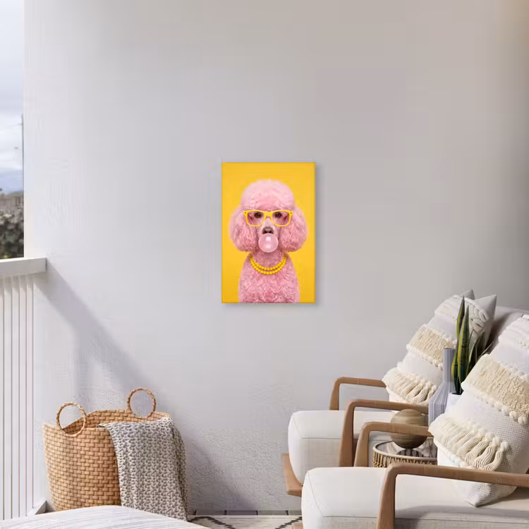 Hond - Kauwgum - Dieren - Modern - Roze Tuinposter op houten frame 2 cm dik klein -sfeer1