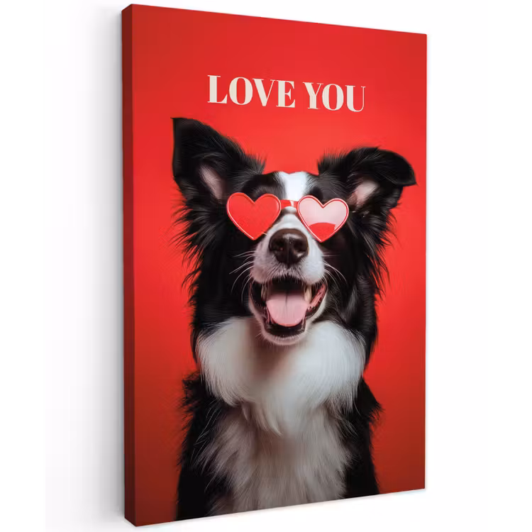 Hond - Hartjesbril - Loveyou - Rood Tuinposter op houten frame 2 cm dik klein -3d