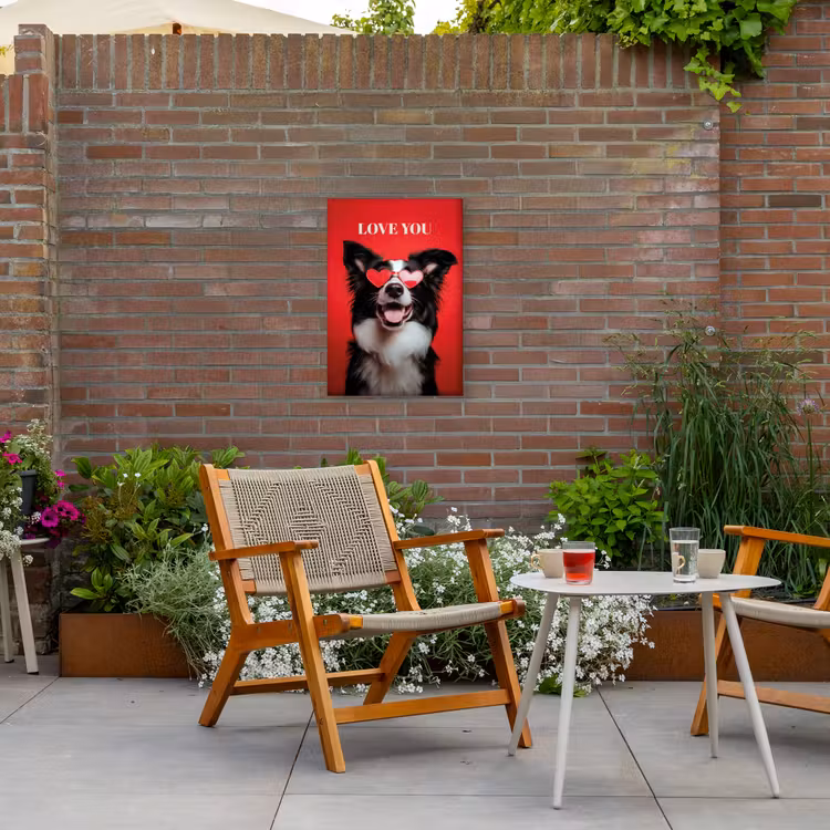 Hond - Hartjesbril - Loveyou - Rood Tuinposter op houten frame 2 cm dik klein -sfeer3