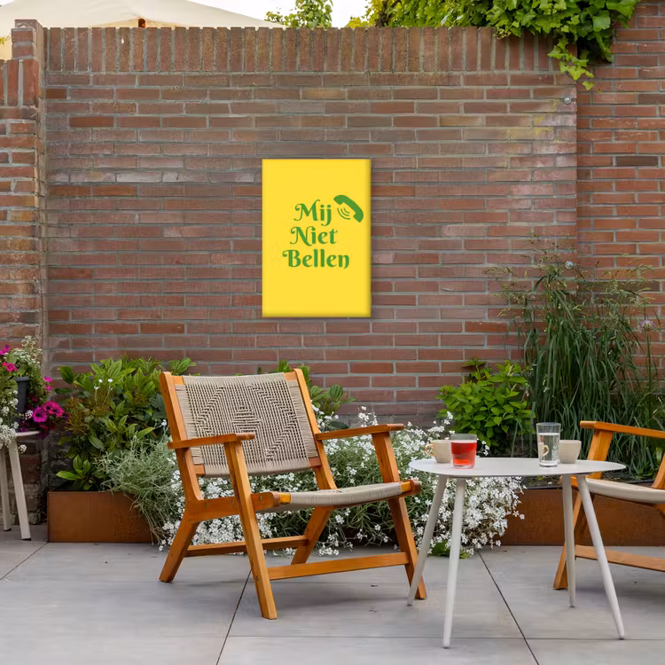 Mij niet bellen - Telefoon - Geel Tuinposter op houten frame 2 cm dik klein -sfeer3