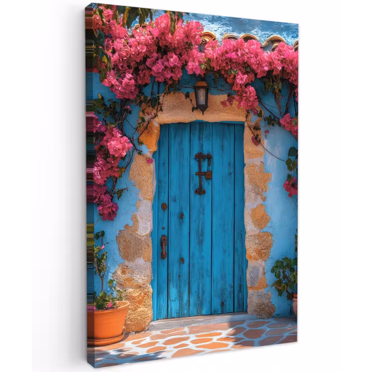 Deur - Hout - Bloemen - Blauw Tuinposter op houten frame 2 cm dik klein -3d